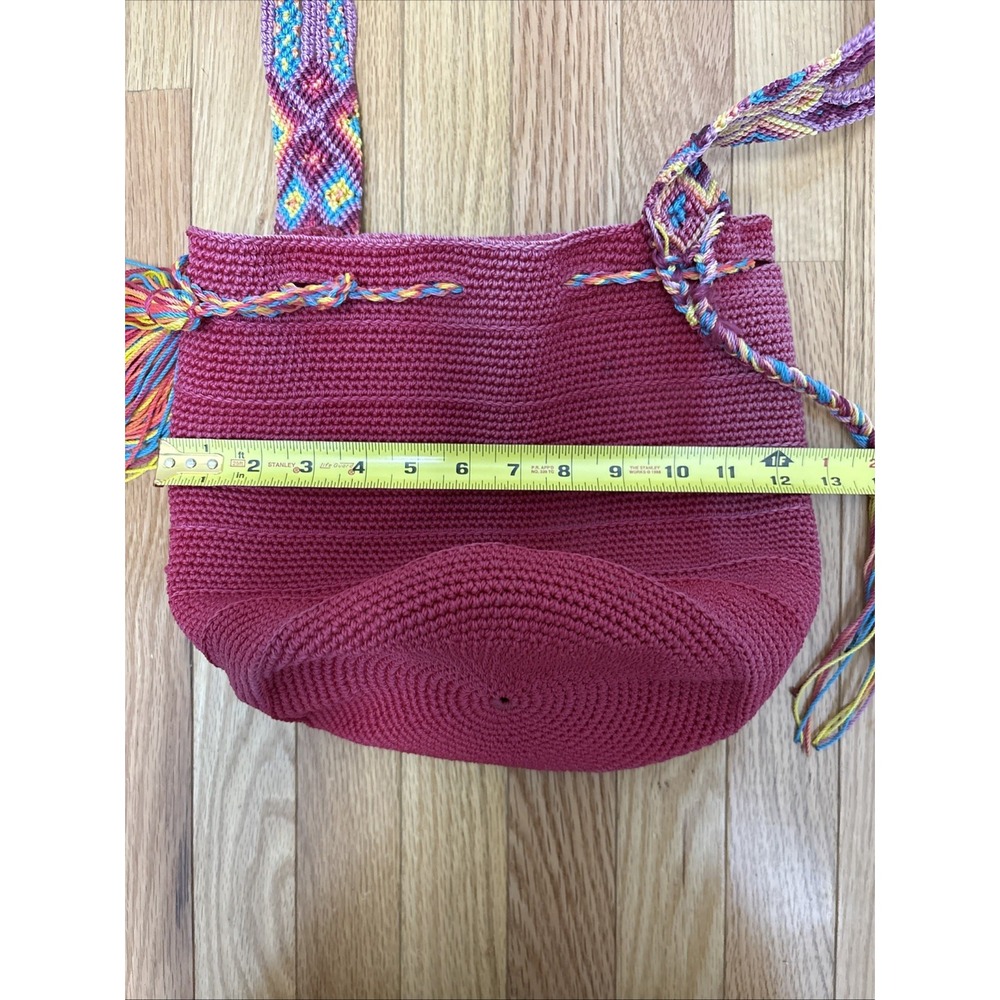 Handmade Crochet Mochila Bucket Bag Magenta Pink Woven Geometric Strap Tassels - Picture 6 of 9